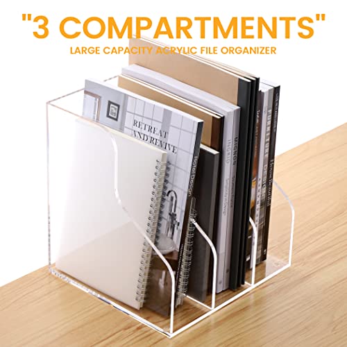 Desk File Organizer, Acrylic Magazine File Holder with 3 Vertical Compartments Rack File Sorter for Office Home Classroom Desk Organization, Clear¡¦