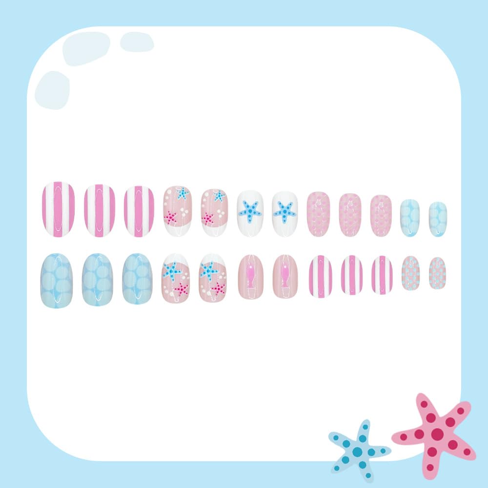 QUNQINLI French Tip Press on Nails Short Oval Fake Nails Press ons Nail Tips Kit with Fish Starfish Striped Design Summer Blue Pink False Nails Full Cover Nude Glossy Glue on Nails for Women 24 Pcs