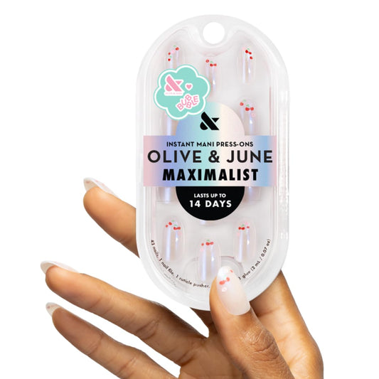 Olive & June Maximalist Instant Mani Press-On Nails (Glue) | 42 Fake Nails, 21 Sizes | Non-Toxic, Long-Lasting Big, Bold Gorgeous Realistic Look | Medium, Oval | Cherry Floral Chrome French