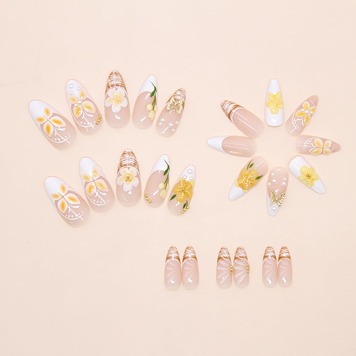 Press on Nails Almond Medium Length 3D Fake Nails with Butterfly Charms Designs Embossed Flower False Nails French Tip Nails Press ons Acrylic Summer Stick on Nails for Women French Manicure 24PCS