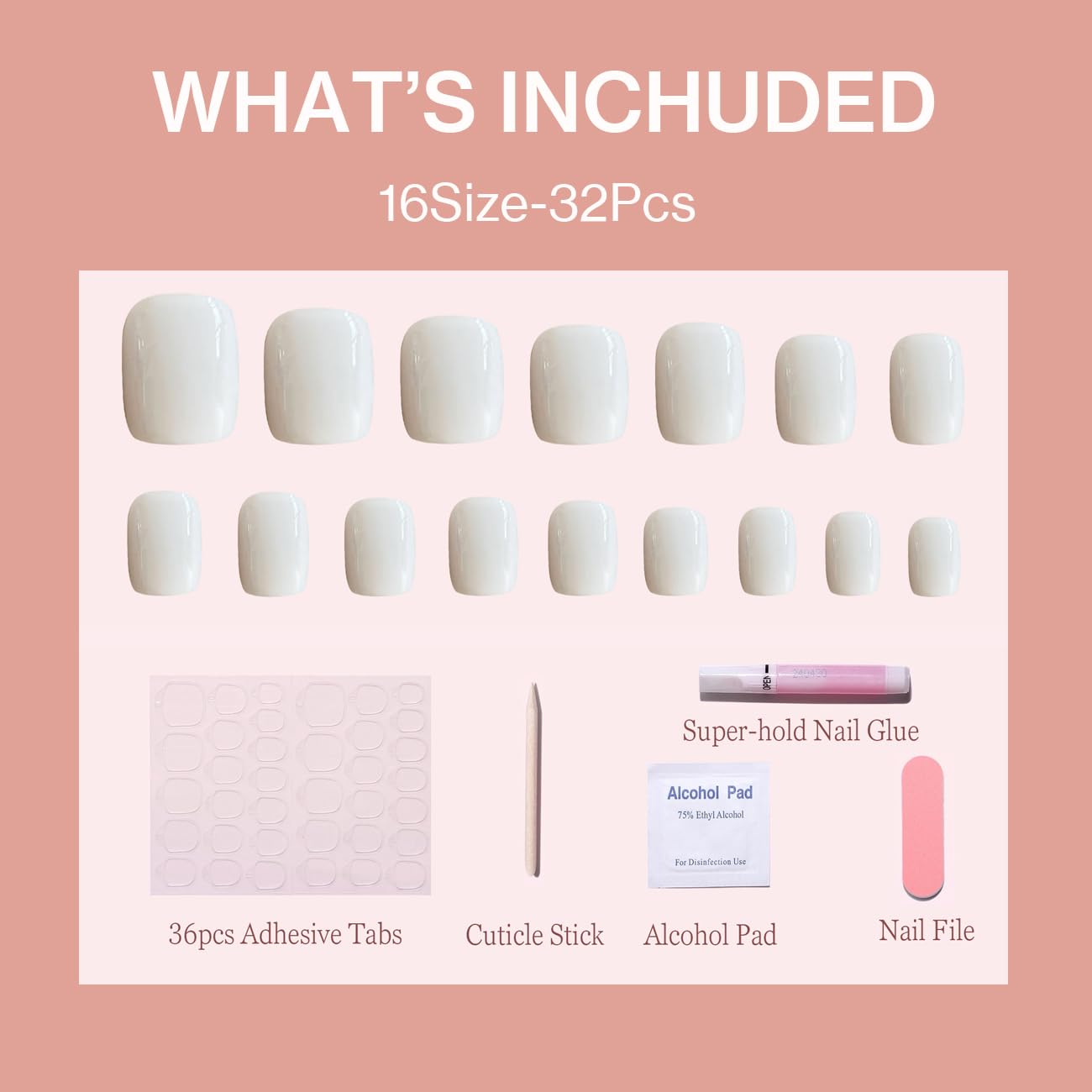 ESLALA Press On Nails Short Square,Opaque White Glossy Finish Fake Nails, Simple Chic Style,Reusable Stick On Fake Nails with Glue | 16 Sizes - 32 Nail Kit（04-Squoval White）