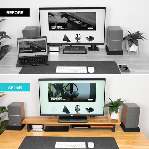 COREMINDED Solid Wood Dual Monitor Stand Riser – 43" Oak Desk Shelf for 2 Monitors with Tray & Wool Felt, Organizer for Desktop, Laptop and Office (Solid Oak)