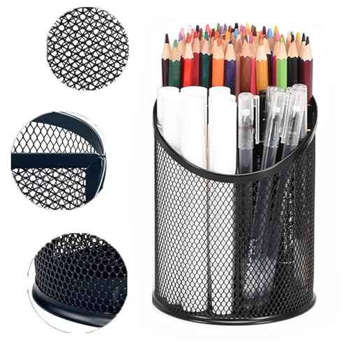 2 Pack Mesh Pencil Holder Pen Cup for Desk Round Black Pen Holder Desktop Pen Organizer 3 Compartments Pencil Organizer Desk Organizer for Office Home School