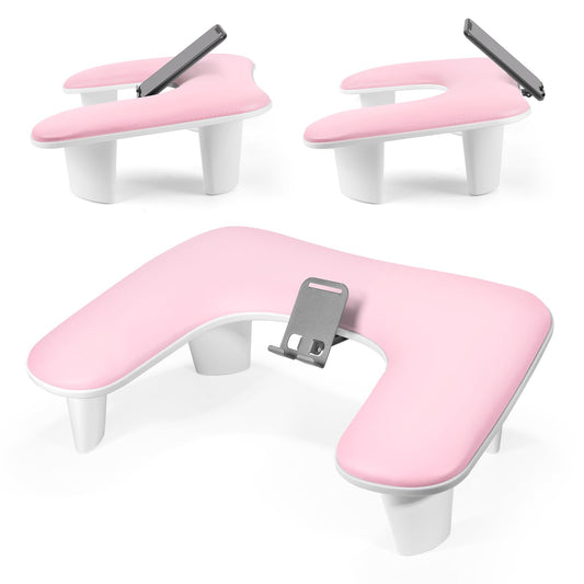 LIONVISON Arm Rest for Nails Tech: U Shaped Ergonomic Nail Hand Rest Stand PU Leather with Rotating Phone Holder for Nail Salon Manicurist (Pink)
