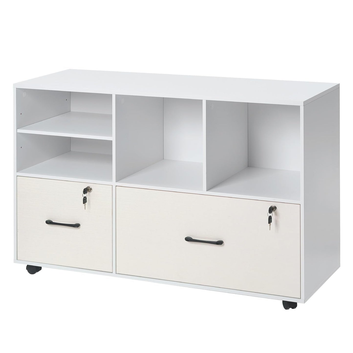 VEVOR 2 Drawer Wooden File Cabinet, Mobile Filing Cabinet with Open Shelves, Lockable Lateral Rolling File Storage with Adjustable Shelves, Free Standing Printer Stand for Home Office School, White