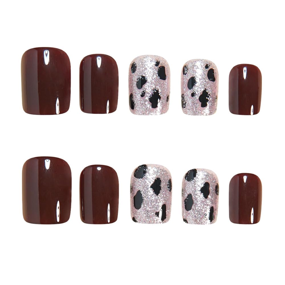 CEWEWP Short Square Press on Nails Red Brown Fake Nails Leopard Print False Nail with Milk Cow Print Glitter Design Full Cover Acrylic Glossy Stick on Nails Winter Glue on Nail for Women 24PCS