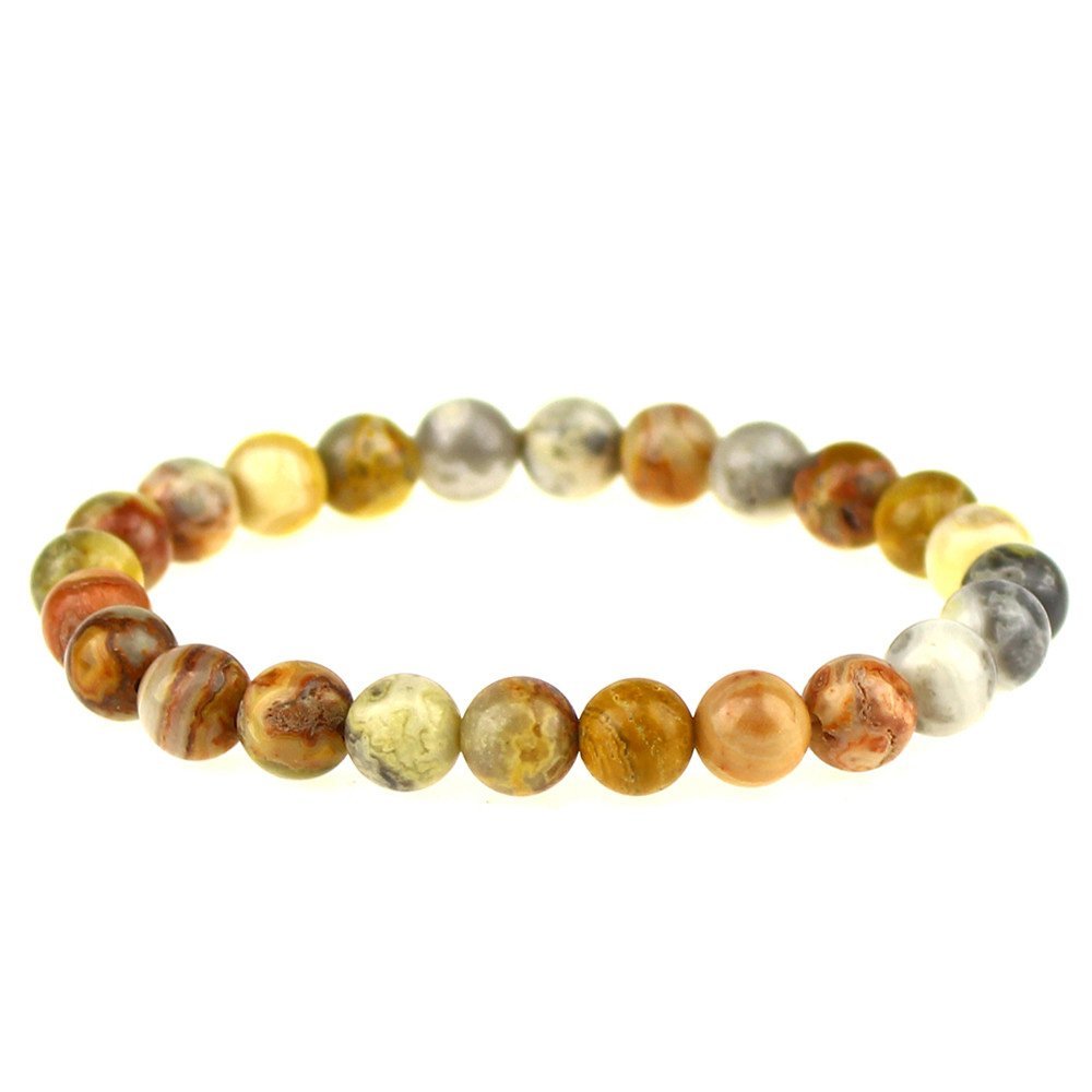 Clearain Natural Gemstones Bracelet 8mm Chakra Round Beads Energy Power Crystal Reiki Healing Elastic Stretch 7 Inch for Women Men Unisex(Crazy Agate)