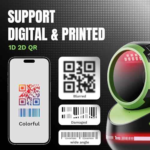 Tera Barcode Scanner Handsfree Omnidirectional: Pro Version Desktop 1D 2D QR USB Wired Adjustable Angle Plug and Play Bar Code Reader for POS Supermarket Retail Store Mobile Payment 9800 Green