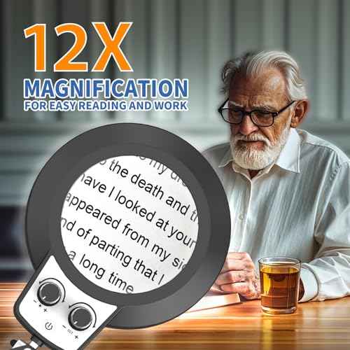 12X Magnifying Glass with Light, 2025 New Upgrade Infinite Color and Stepless Dimming Desk Large Lamp & Clamp, 2-in-1 LED Hands Free Lighted Magnifier Stand for Crafting Hobby Soldering Reading