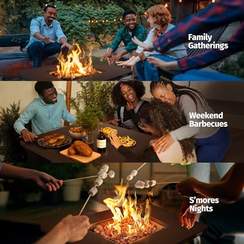 East Oak 28" Upgraded Outdoor Propane Fire Pit Table | 52,000 BTU Gas Fire Pit Table for Outside with Magnetic Lid | Storage Basket & Lava Rocks | CSA Certified for Patio, Garden & Backyard | Brown