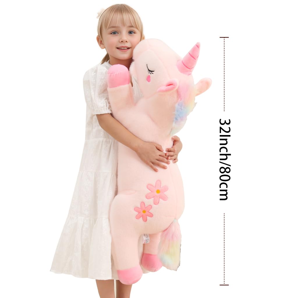 32inch Cute Giant Pink Unicorn Plush, Jumbo Soft Body Pillow Pet, Large Rainbow Unicorn Stuffed Animals Toy, Big Doll for Kids Girls and Boys, Birthday