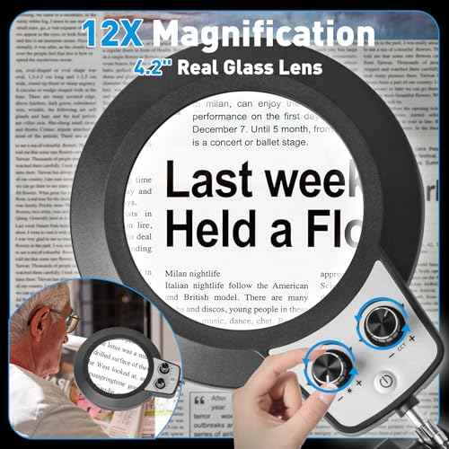 KIRKAS 12X Magnifying Glass with Light and Stand, 2-in-1 Any Color Modes & Stepless Brightness Magnifying Desk Lamp with Clamp, LED Magnifier with Light for Crafts Jewelry Painting Sewing Close Work