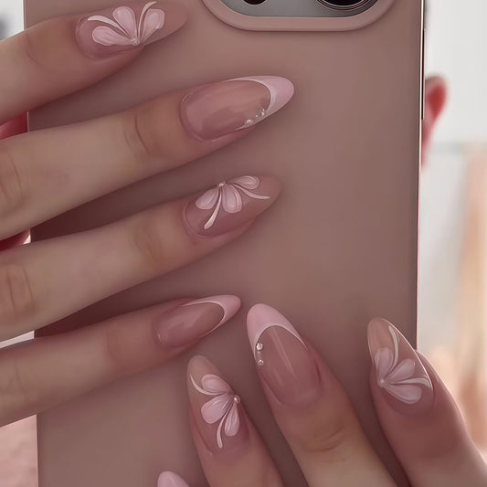 Pink French Tip Press on Nails - Medium Almond Nude Fake Nails with Flower & Pearl Design, Glossy Spring Summer Stick on Nails for Women Manicure, Glossy Finish | 12 Sizes - 24 Pcs