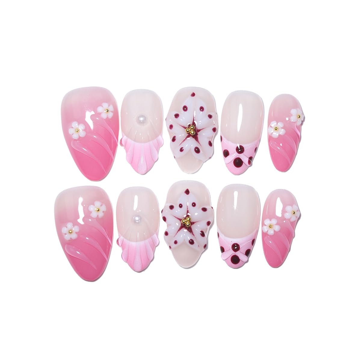 10Pcs Short Almond Handmade Press On Nails | Pink Ombre with Seashell, 3D Floral & Pearl Decor | Reusable Salon-Quality Fake Nails for Women and Girls(PZ01, XS)