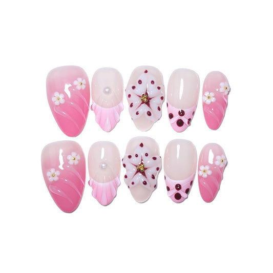 10Pcs Short Almond Handmade Press On Nails | Pink Ombre with Seashell, 3D Floral & Pearl Decor | Reusable Salon-Quality Fake Nails for Women and Girls (PZ01, S)
