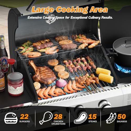 Electactic 3-Burner Propane Gas BBQ Grill with Side Burner,Stainless Steel Grill with Porcelain-Enameled Grates,37000 BTU Barbecue Grill, Suitable for Outdoor Cooking,Camping,Patio Backyard