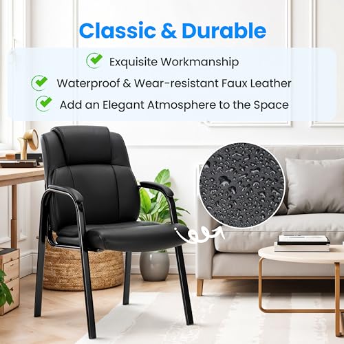 Simple Deluxe Office Guest Chair with Padded Arm Rest No Wheels, Waiting Room Reception Leather Stationary Chairs for Conference Room, Lobby, Home, Desk Table Side, Dining, 1 Pack Thickened Cushion