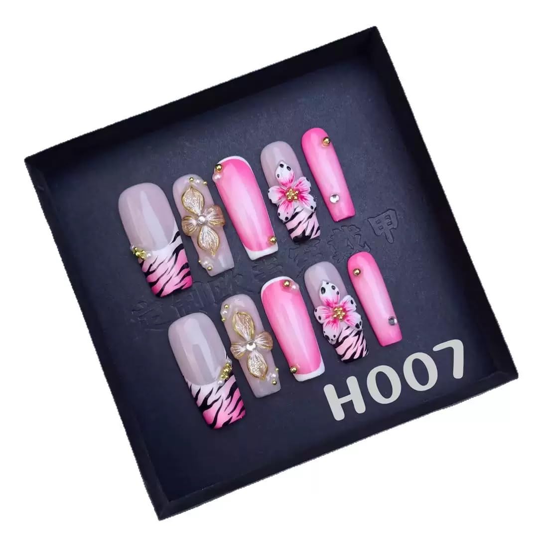 100% 5D Handmade Press on Nails Pink Flower Long Square Fake Nails Press ons Leopard French Tips False Nails Rhinestone Embossed Floral Press on Nails for Women Girls Daily Wear DIY Manicure Size L