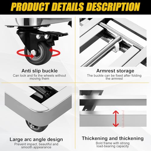 Folding Stainless Steel Hand Truck, Adjustable Handle Utility Cart with 4 Wheels & 2 Lashing Straps for Moving, Travel, Shopping, Office Use, Gardening,500 LB Heavy Duty Luggage Cart
