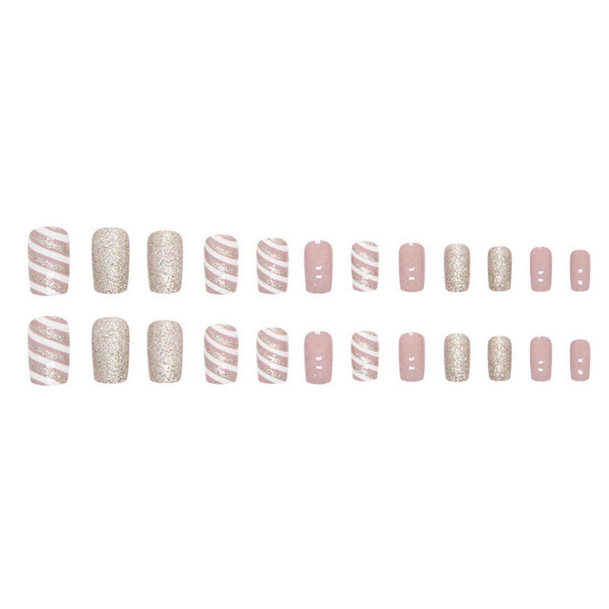 Christmas Press on Nails Medium Length Fake Nails Pink Acrylic Nails with Stripe designs Glitter Winter Christmas Glossy Nails Xmas Winter Glue on Nails for Women Girls Art Nail 24pcs