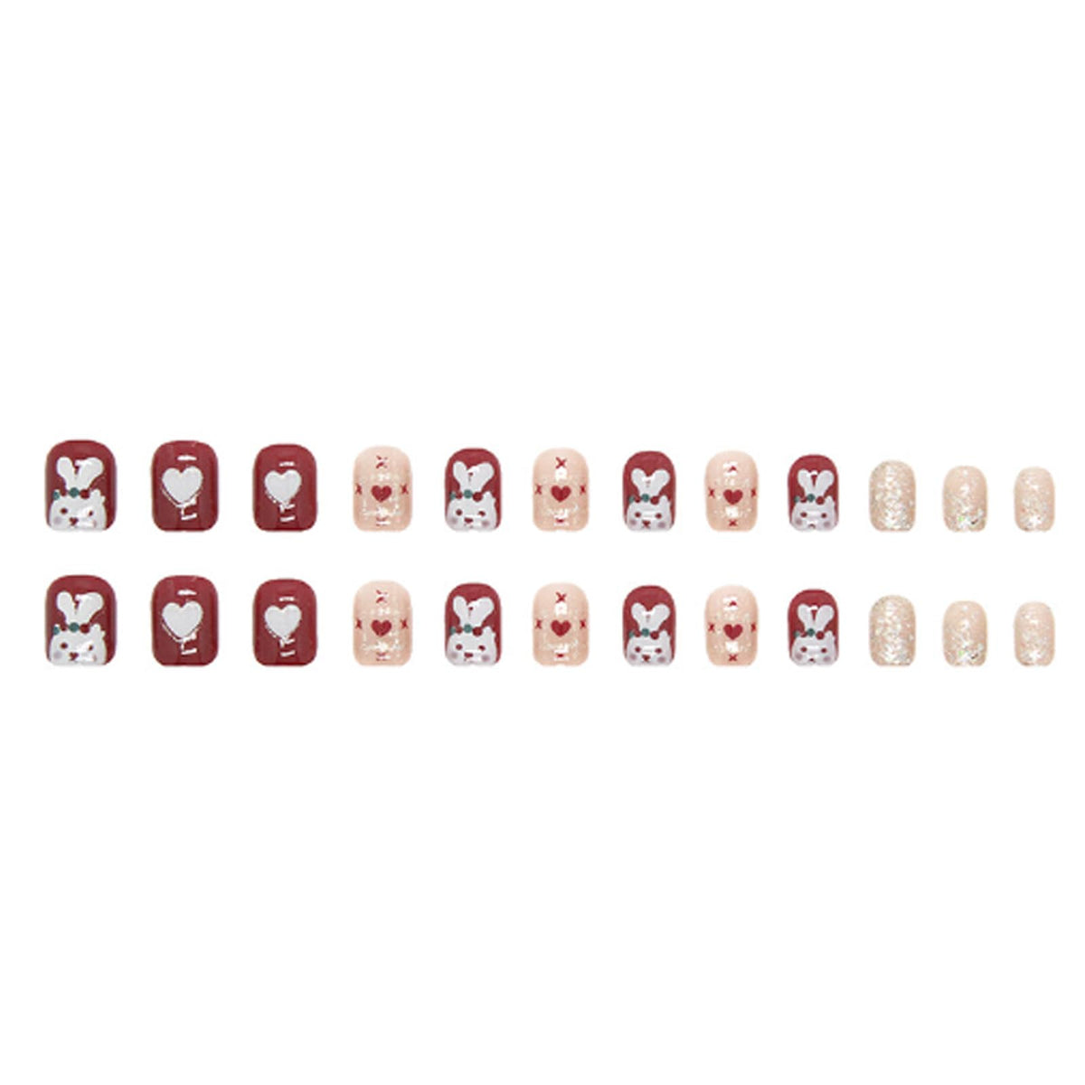 Hkanlre Square Rabbit Press on Nails Short Sequins Tips Full Cover Red False Nails Fake Nails for Women 24PCS