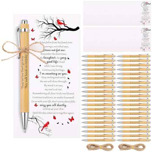 Janlaugh 150 Set Memorial Funeral Favors Include Cardinal Prayer Cards and Bamboo Ballpoint Pens Funeral Pocket Token for Guest Sympathy Remembrance Gifts for Loss of Loved One