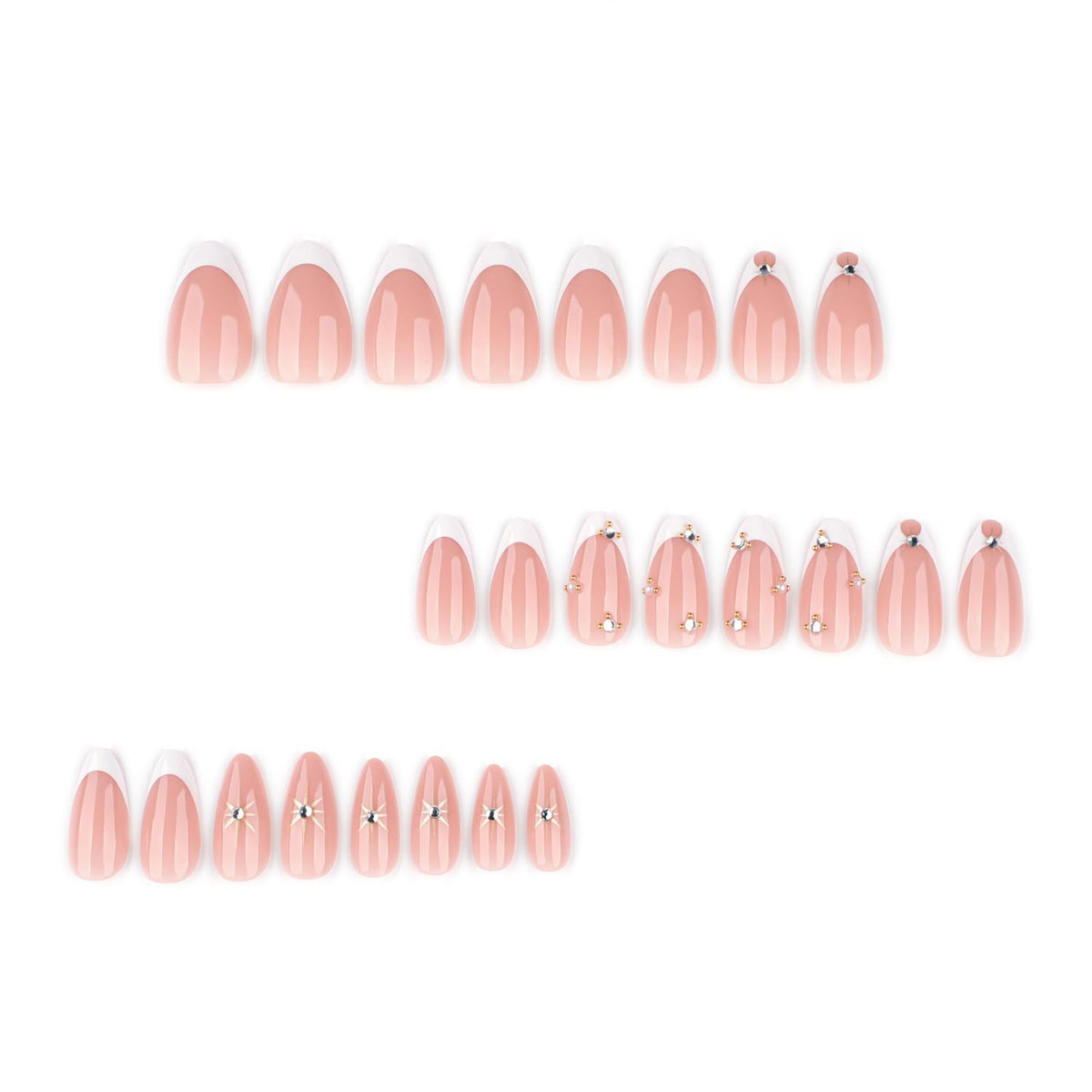 Mivota Luxury Soft Gel Press On Nails Almond French Tip Nude Pink with Gold Rhinestones, Reusable Glue On Fake Nails for Women, Salon Quality Manicure Set