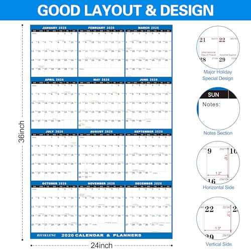 24" x 36" 2026 Wall Calendar Folded Wet & Dry Erase 12 Month Annual Yearly Wall Planner Vertical-Horizontal,Reversible, with Julian (24" x 36" 2026 Wall Calendar)