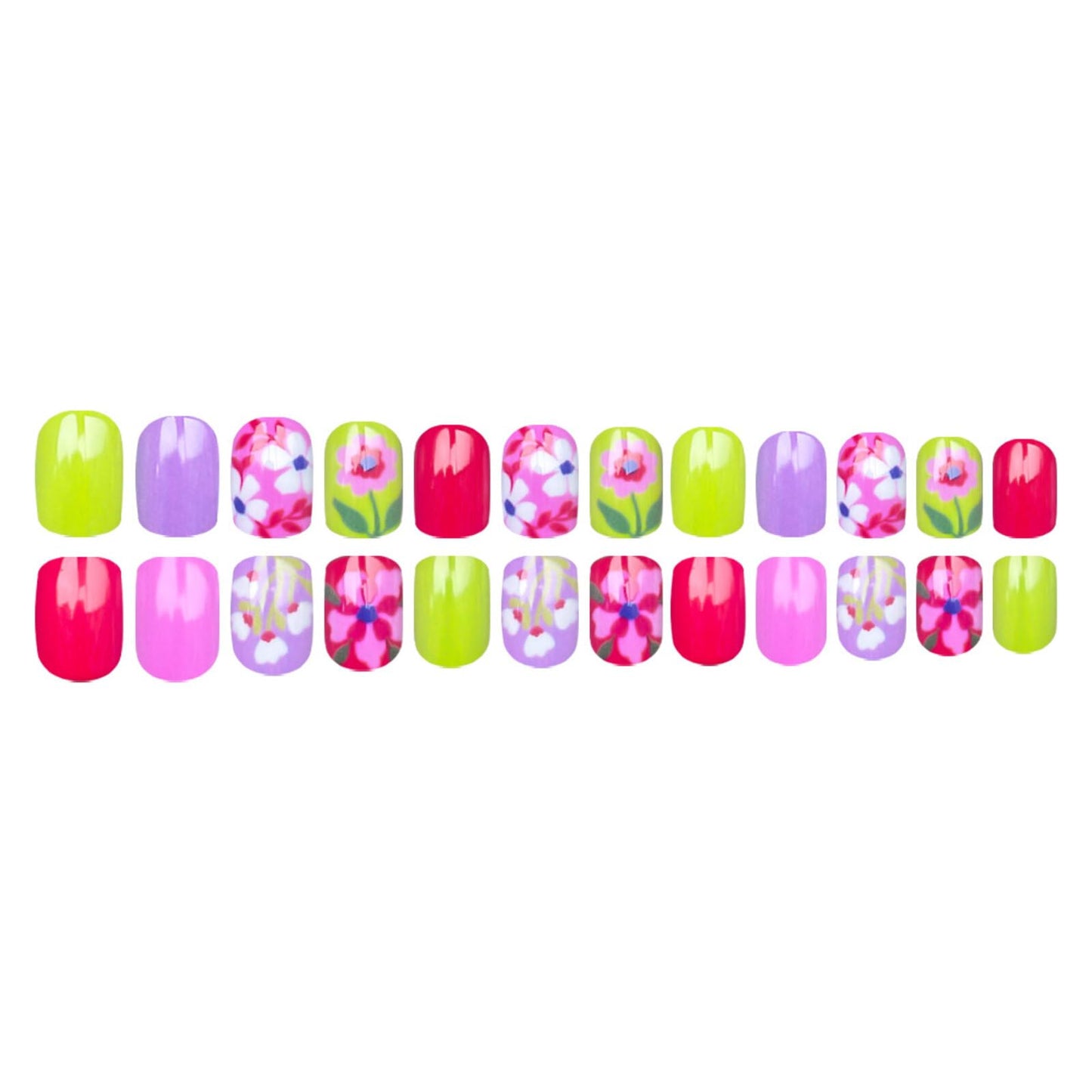 Floral Short Oval Press on Nails Bright Multi-color Base Pink Purple Green Red Floral Accents Glossy Finish Reusable Spring Nails Easy Apply Party Wear Durable Trendy Women Girls Nail Art 24 Pcs
