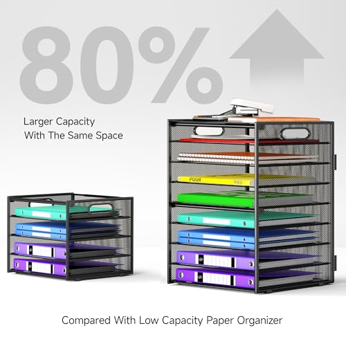 9 Tier Paper Organizer with Handle, Large Capacity Desk Organizer Mesh Paper Letter Tray File Folder Document Sorter for Classroom and Office Accessories Organization- Black (2 Pack)