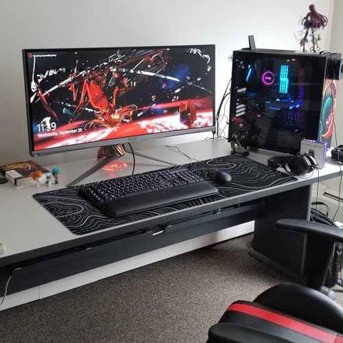 Gaming Mouse Pad Large 31.5 x 11.8in Topographic Keyboard Mousepad for Non-Slip Base and Stitched Edge, Extended Desk Pad XL Desk Mat (Black)