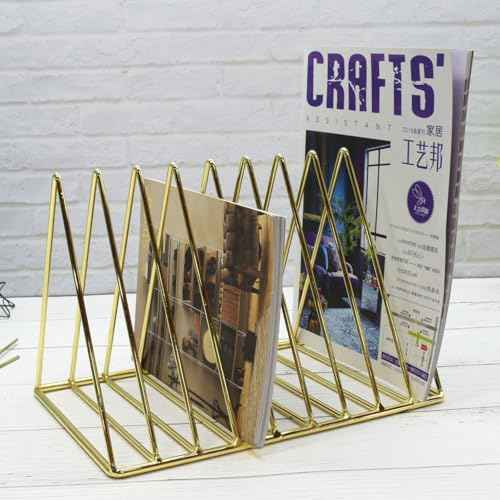 2 PCS Desktop Triangle Book Magazine Holder, Iron Metal Book Stand File Organizer Folder Holder for Office, 9 Slots Gold Classified Storage Rack, Record Display Rack for Home Decoration