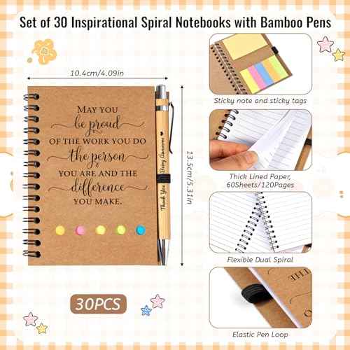 30 Sets Employee Appreciation Gifts Bulk Inspirational Spiral Notebook Journal with Sticky Notes Bamboo Pens Christmas Gifts for Employees Coworker Team Nurse Teacher Office Staff Xmas Thank You Gifts