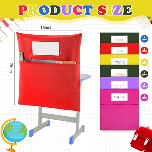 Sanwuta 24 Pack Classroom Chair Pockets, 15 x 17 Inch Book Storage Bags for Chair with Name Slot Students Chairback Pockets for Kindergarten Primary School Home(Multicolor)
