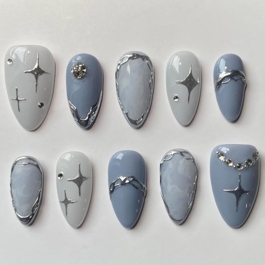 Press On Nails - Handmade 3D False Nails Short Medium Almond 10 Pcs Reusable ABS Material Finger Painting Nail Tip French Salon Design Artificial Fingernail for Women-M size