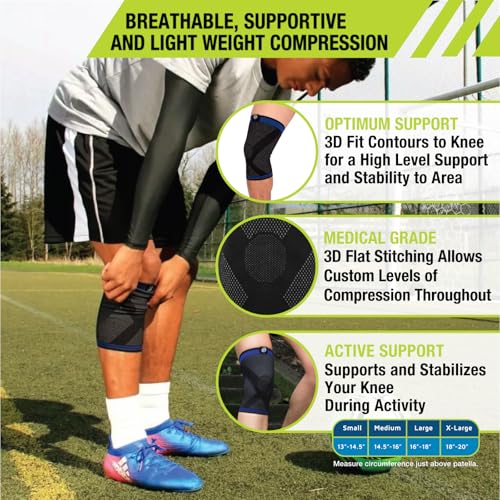 Pro-Tec Athletics 3D Flat Knee Support, Advanced Flat Knit Technology for Custom Fit, Breathable Multi-Directional Stretch Fabric, Non-Slip Gel for Enhanced Stability, XL, Blue/Black