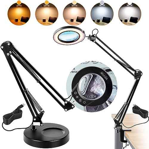 VEVOR 5X Magnifying Glass with Light and Stand, Â¡Â¼UpgradedÂ¡Â½ 5 Color Modes Stepless Dimmable, 4.3" Glass Lens Magnifier Desk lamp, 2-in-1 Magnifying Light and Stand for Crafts, Reading, Close Work