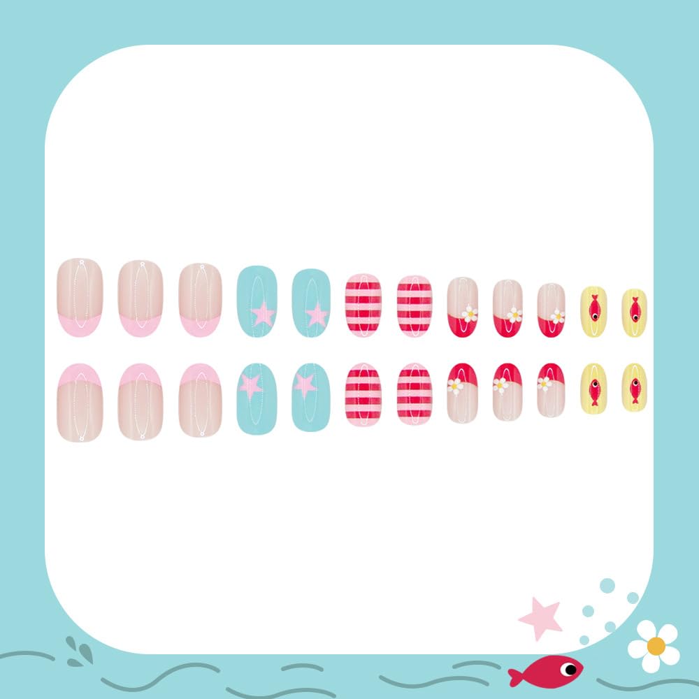 AWDSLUY 24Pcs Cute Summer Beach Press on Nails Short Round Fake Nails with Fish Star Flower Stripe Design Pastel Pink Blue Yellow Glossy False Nails Kawaii Vacation Stick on Nails for Women