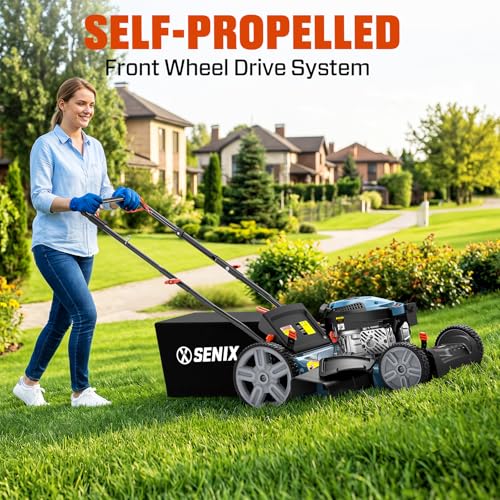 SENIX 21'' Self-Propelled Gas Lawn Mower, 170 cc 4-Cycle Engine 3.8 HP, 3-in-1 (Bagging/Mulching/Side Discharge), 6-Position Cutting Height Adjustment, 1.7 Bushels Grass Bag