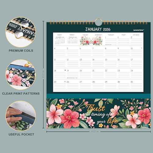 2026 Wall Calendar - 2026 Pocket Calendar, 11.7" x 11.7", 2026 Calendar with Pockets, Jan. 2026 - Dec. 2026, 2026 Wall Calendar 12 Month with One Pockets, Calendars for Office School Home, Golden Twin Wire Binding, Premium Paper - 12 Different Floral