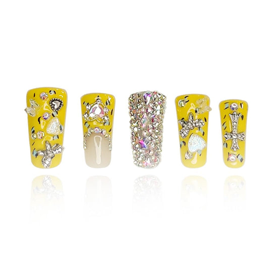 GGddsha 2025 Duck Nails Handmade PMMA Acrylic Medium Square Fake Nails with Rhinestones Love Star Design Reusable Full Coverage Duck Ladies Fake Nail (Yellow, M)
