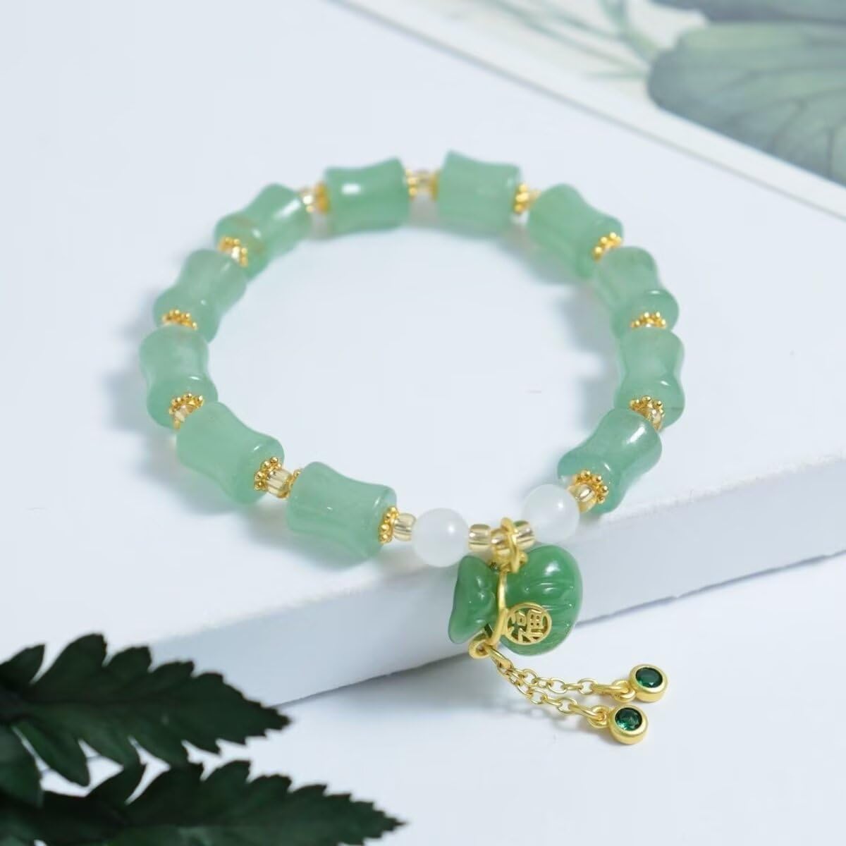 Zhang shine Bamboo Bracelet Jade Stones Lucky Money Bag Pendant Charm Stretch Beaded Bracelets For Women Fengshui Jewelry-Green White Lucky