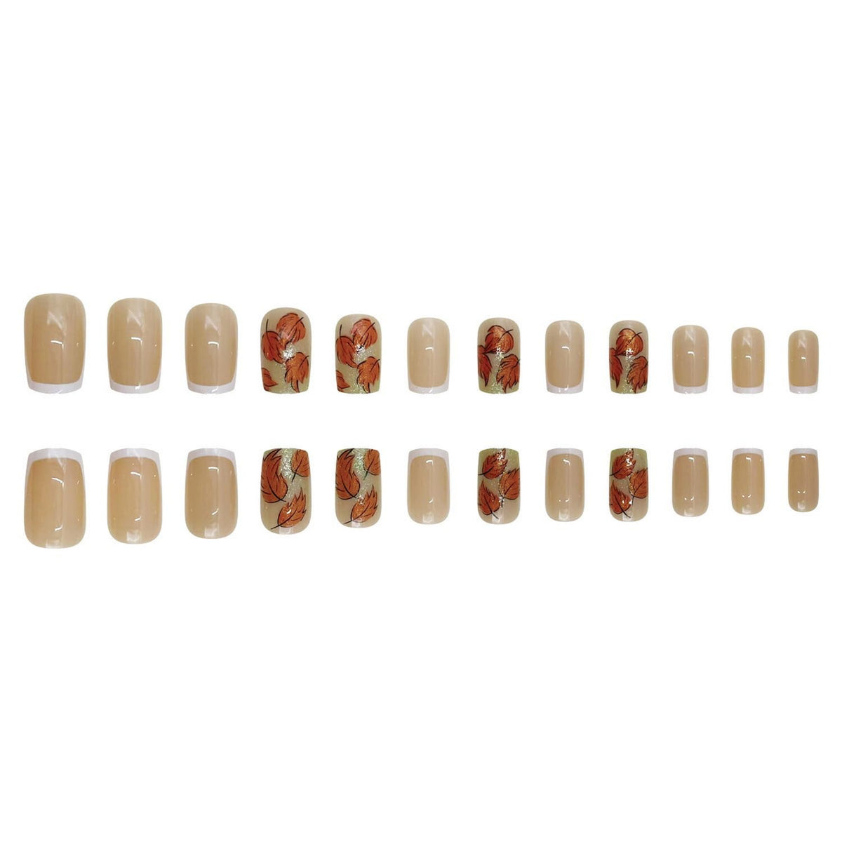 Fall Press on Nail White French Tip Fake Nails with Maple Leave designs Autumn False Nails Full Cover Glitter Acrylic Stick on Nail Simple Thanksgiving Glue on Nails for Women Girls Manicure Decor