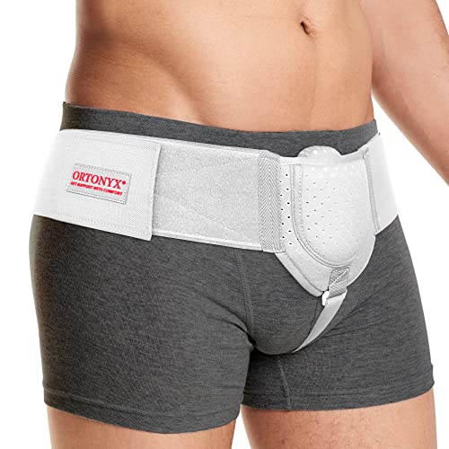 ORTONYX Inguinal Hernia Belt for Men and Women with Removable Compression Pad and Adjustable Waist Strap, Hernia Support Truss for Inguinal, Incisional Hernias, Left/Right Side - White S/M