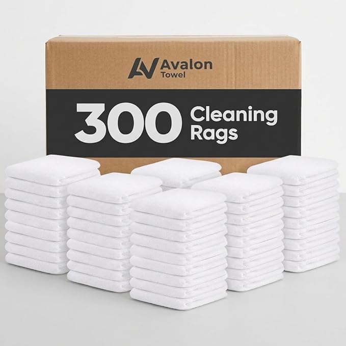 Avalon Towels Bar Towels (300 Pieces) Size 14x17 Inches â 100% Cotton, Absorbent and Reusable Cleaning Rags, Multipurpose Cleaning Towels, Terry Cloth Rags, Durable Shop Rags (White)