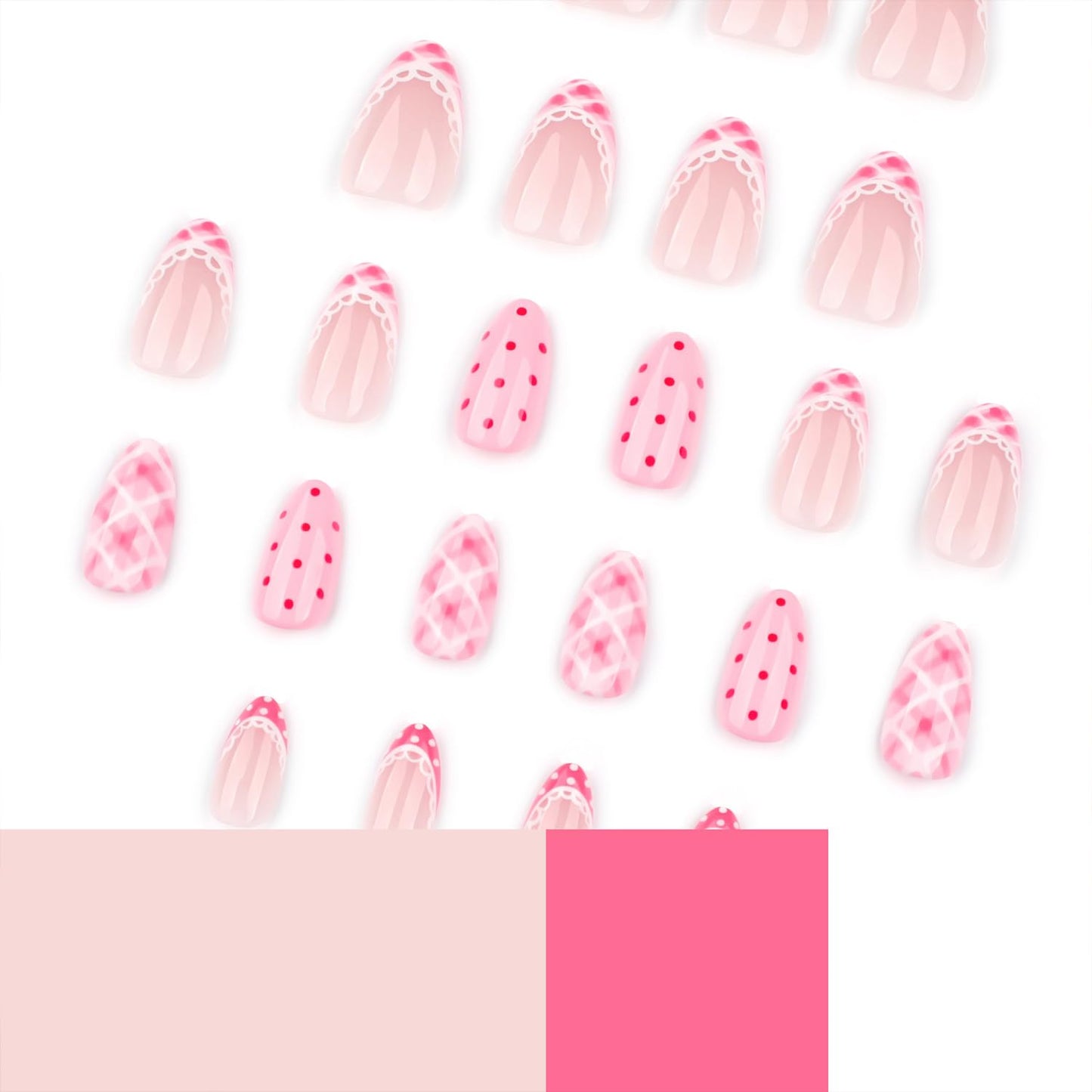 LWTZLW Cute Polka Dots Press on Nails French Tip Short Almond False Nails with Pink Grids Design Full Cover Glue on Nail Summer Reusable Acrylic Fake Nails Glossy Artificial Stick on Nail for Women