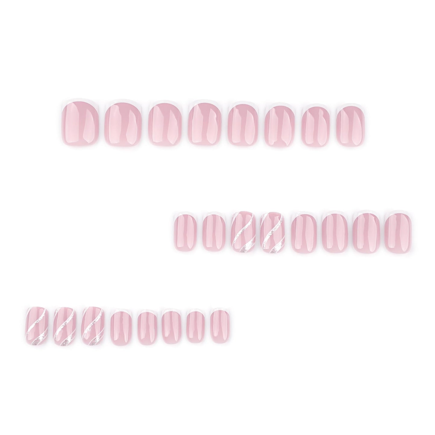 Stbisen French Press On Nails Short Square, Nude Fake Nails with White French Tips, Delicately Adorned with Silver Streaks, Glossy Gel Finish, Thick Natural Reusable Glue On Nails for Women, 24Pcs