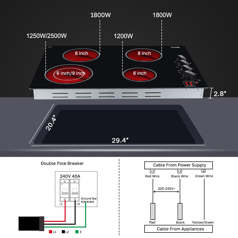 ThermoMate 30 Inch Electric Cooktop 4 Burners ETL Certified, Knob Control Built-in Radiant Electric Stove Top, Schott Glass Panel, 7300W, 9 Heating Level, Chlid Lock & Timer, 240V