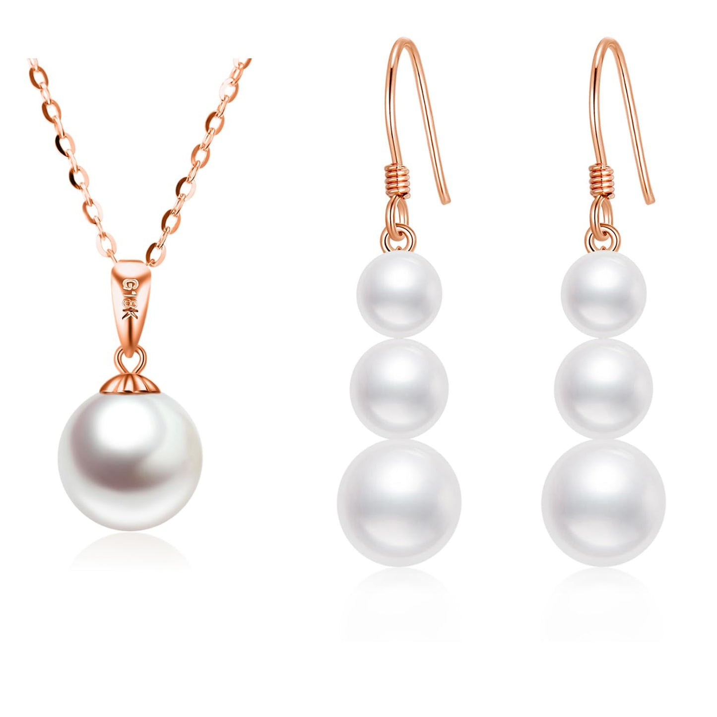 14k Rose Gold Freshwater Cultured Pearl Necklace and Dangle Earrings Set for Women