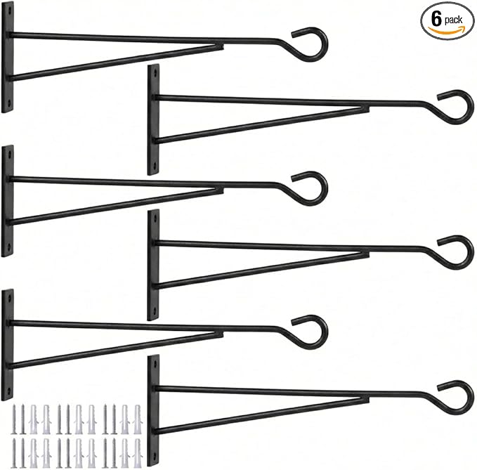 Eyrosa 8" Hanging Plant Hooks (6 Pack), Rust-Proof Metal Wall Brackets for Vertical Garden, Sturdy Plant Hangers for Outdoor Fence, Bird Feeders, Lanterns & Wind Chimes, Black Minimalist Decor